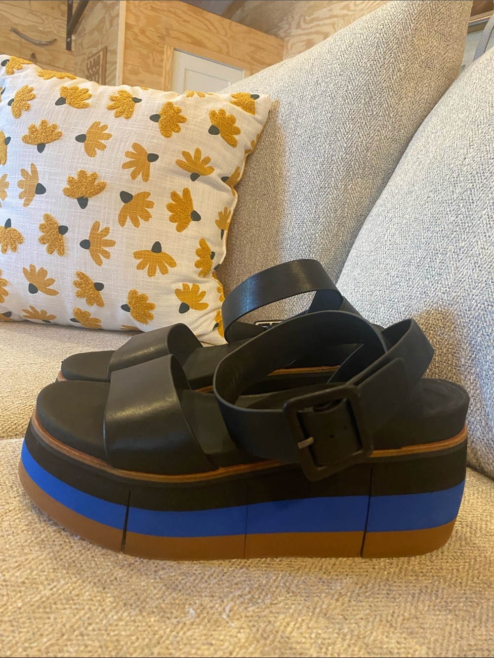 Naked Feet Black Platform Sandals with Blue Stripe comfort wedge dress cruise